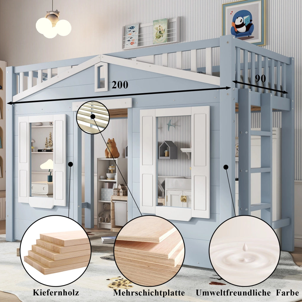 LETTO a soppalco per bambini 90x200 cm in pino e MDF bianco/blu