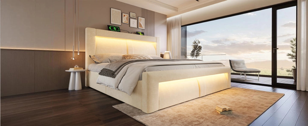 DESMIU Letto Contenitore 140 × 200 cm 2 Posti con LED, USB, Type-C, Contenitore Idraulico, senza Materasso, in Velluto Beige