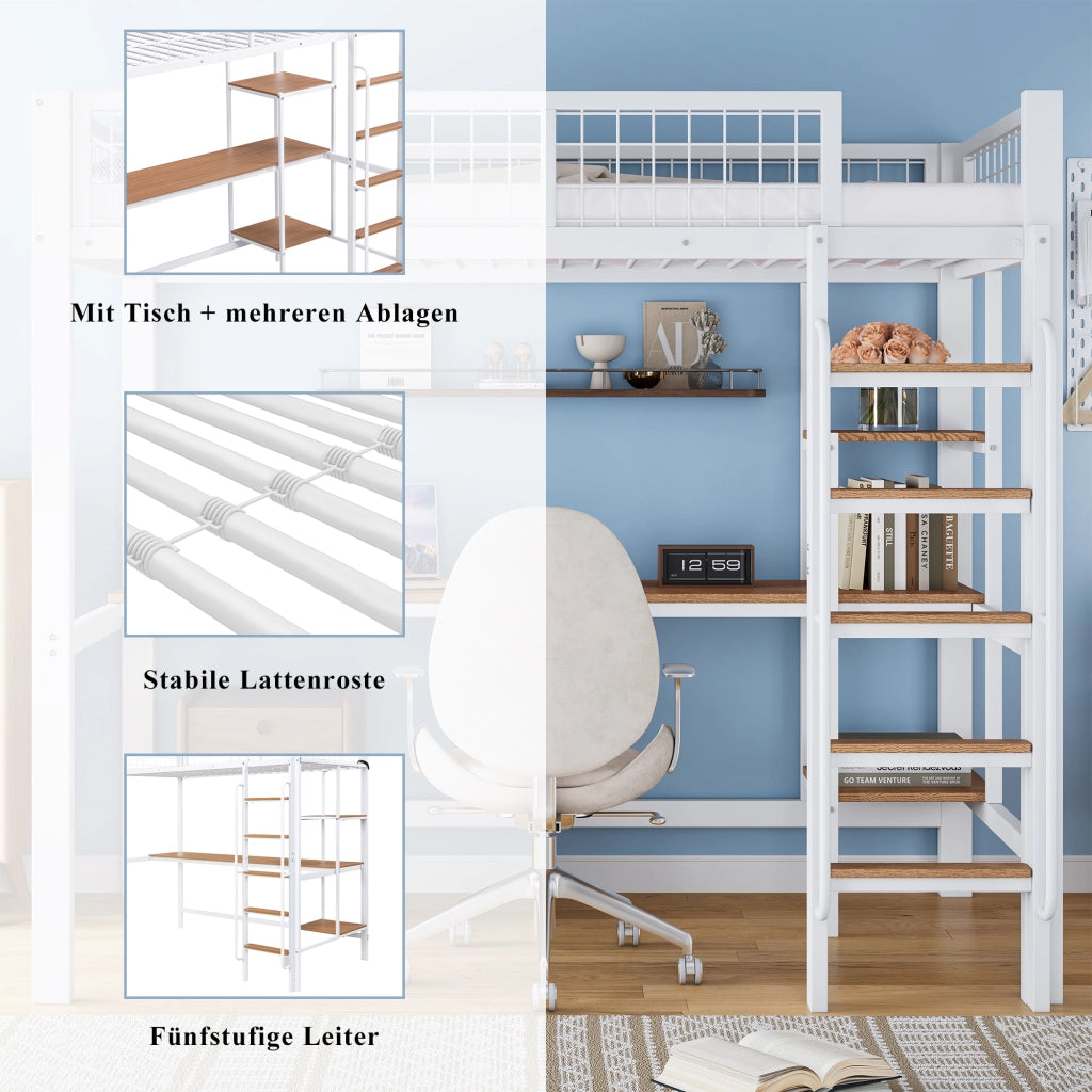 DESMIU Letto a Soppalco 1 Posto con Scrivania, Scaffali e Scala 90 × 200 cm, Senza Materasso, Metallo e Legno, Bianco Naturale