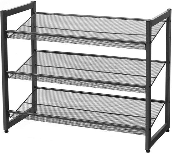 Sistema di ripostiglio metallico con 3 livelli, rete regolabile, piattaforma regolabile orizzontale o verticale, ripostiglio a pile, 74 x 628 x 307 cm, nero