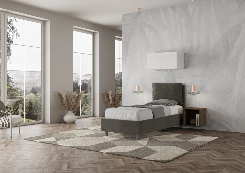 BS COM Letto singolo contenitore imbottito 80x210 microfibra grigio