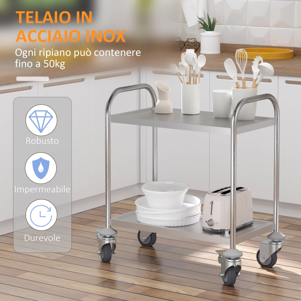 Carrello Cucina 2 Ripiani, Carrello con Ruote Portatutto, Carrello Portavivande in Acciaio Inox, 80x45x82cm, Argento