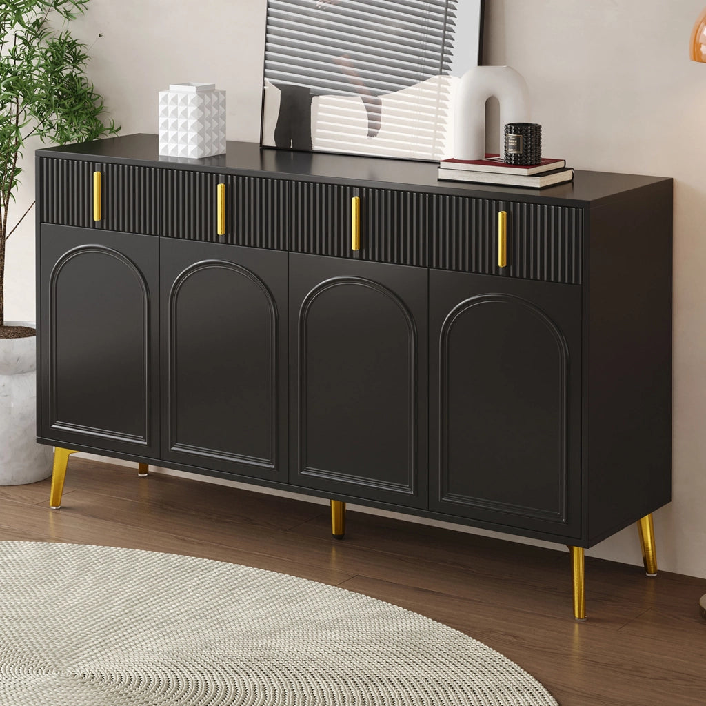 MADIA 140x38x82 cm 4 ante 4 cassetti MDF nero con dettagli oro