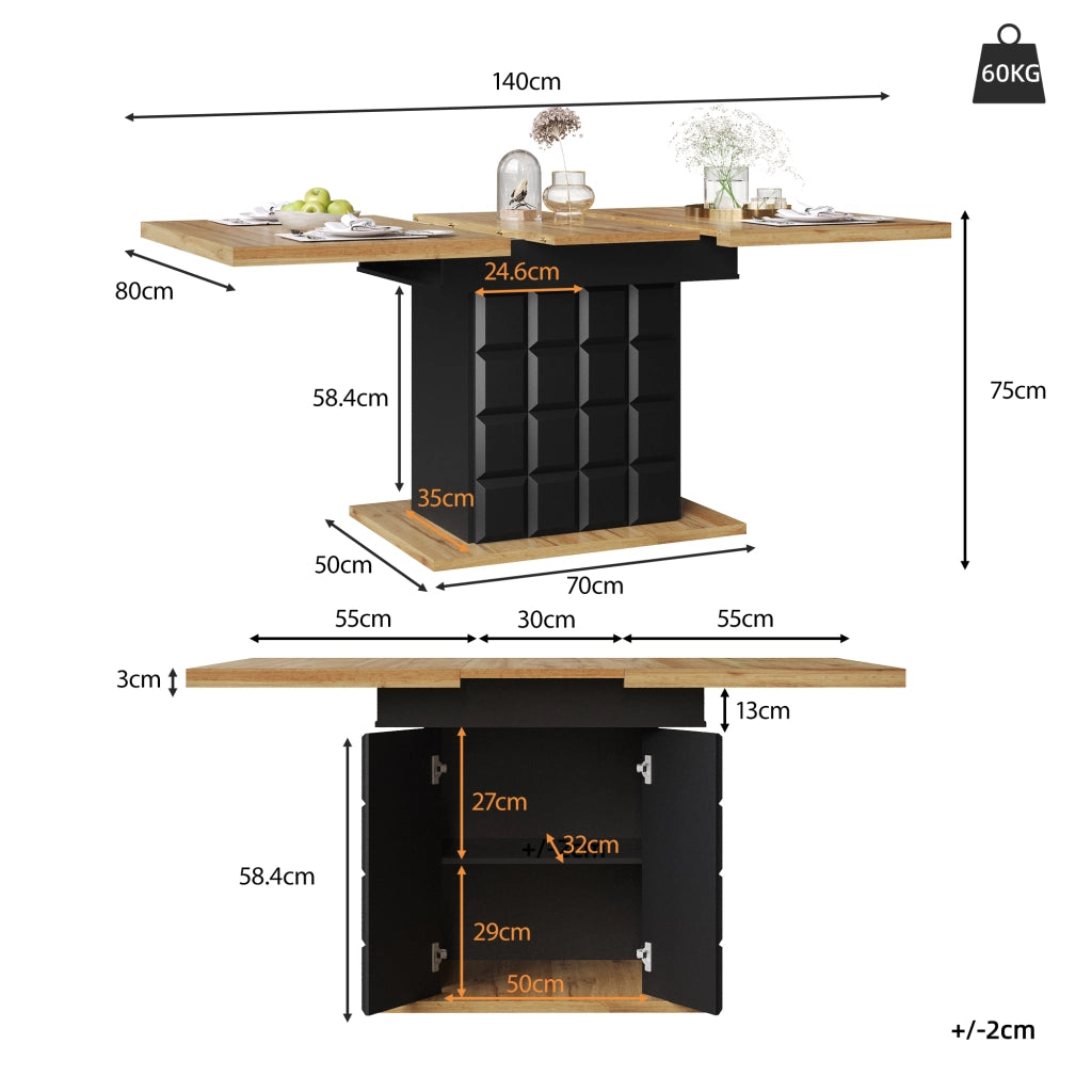 Tavolo da pranzo allungabile per 4-6 persone con vano contenitore e base rinforzata, in MDF, 110-140 × 80 × 75 cm