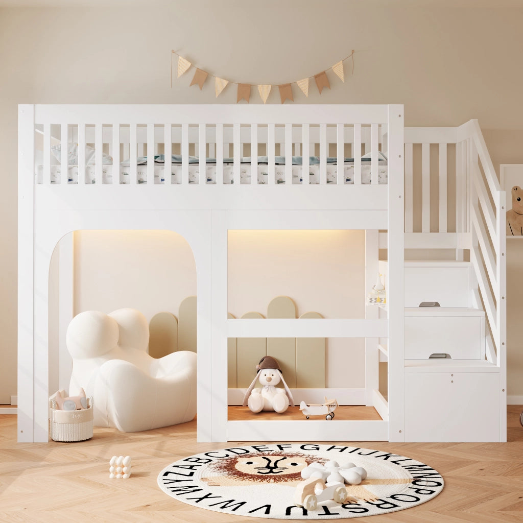 LETTO a soppalco per bambini 90x200 cm in legno bianco con scale contenitore e LED