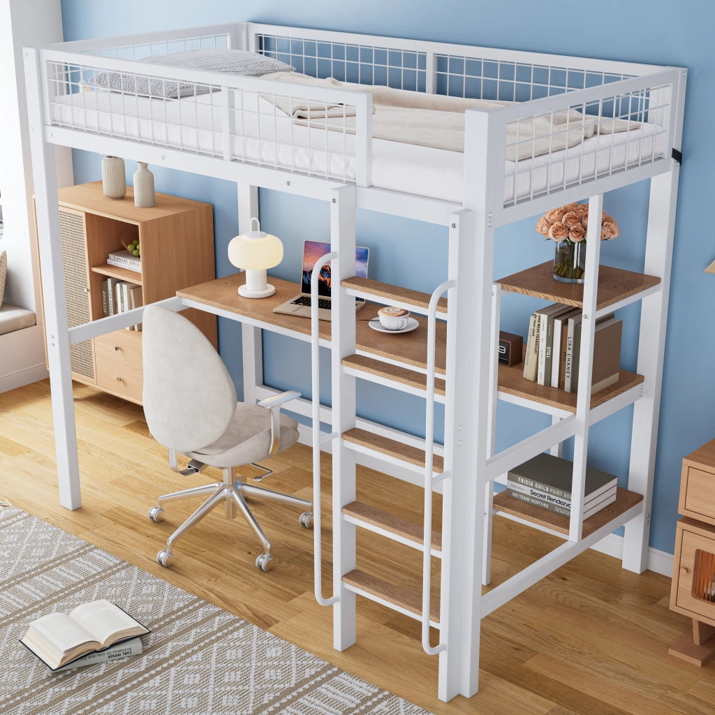 DESMIU Letto a Soppalco 1 Posto con Scrivania, Scaffali e Scala 90 × 200 cm, Senza Materasso, Metallo e Legno, Bianco Naturale