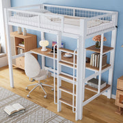 DESMIU Letto a Soppalco 1 Posto con Scrivania, Scaffali e Scala 90 × 200 cm, Senza Materasso, Metallo e Legno, Bianco Naturale