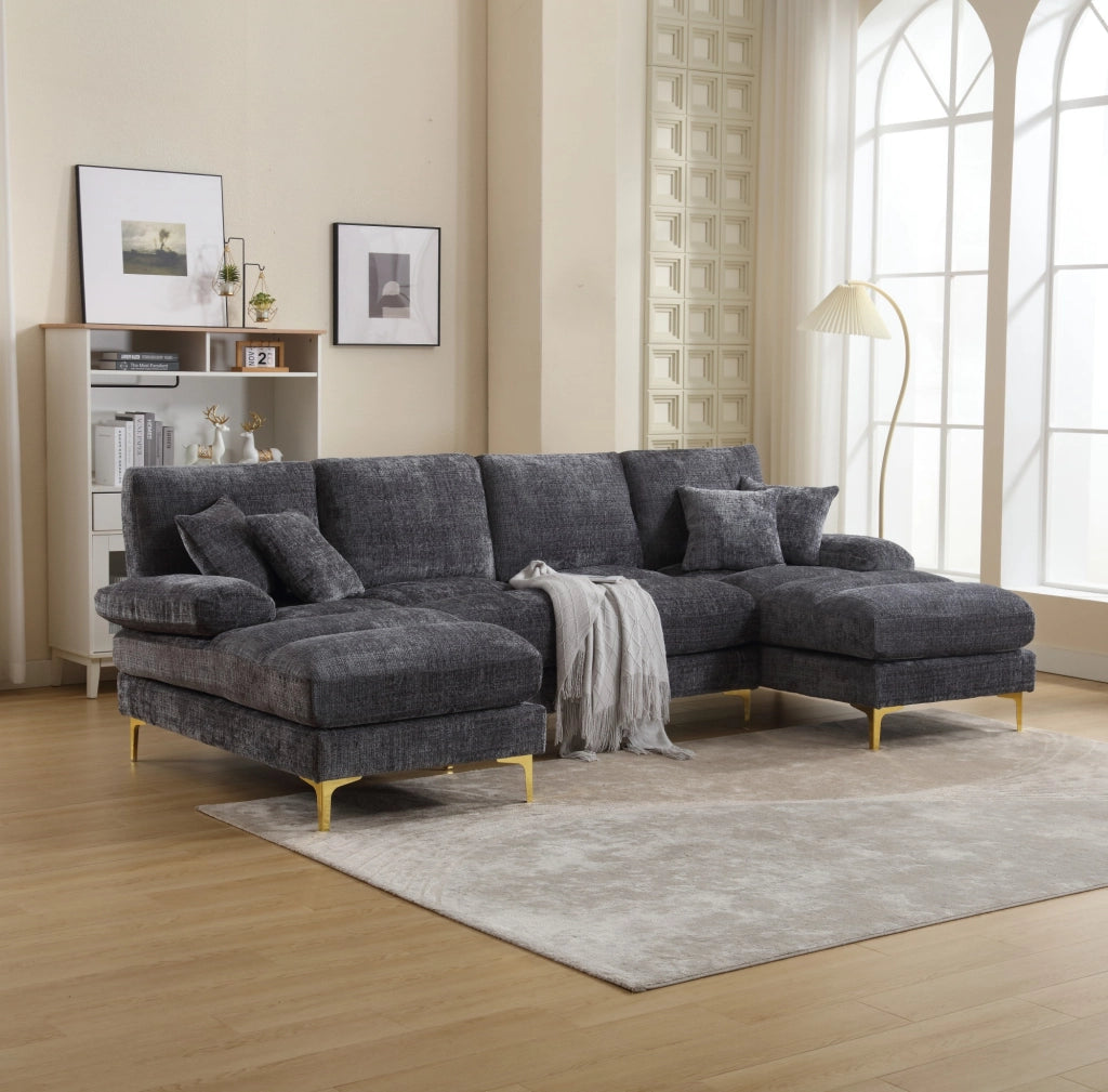Divano angolare a U con doppia chaise longue 272x136x88 cm in chenille grigio