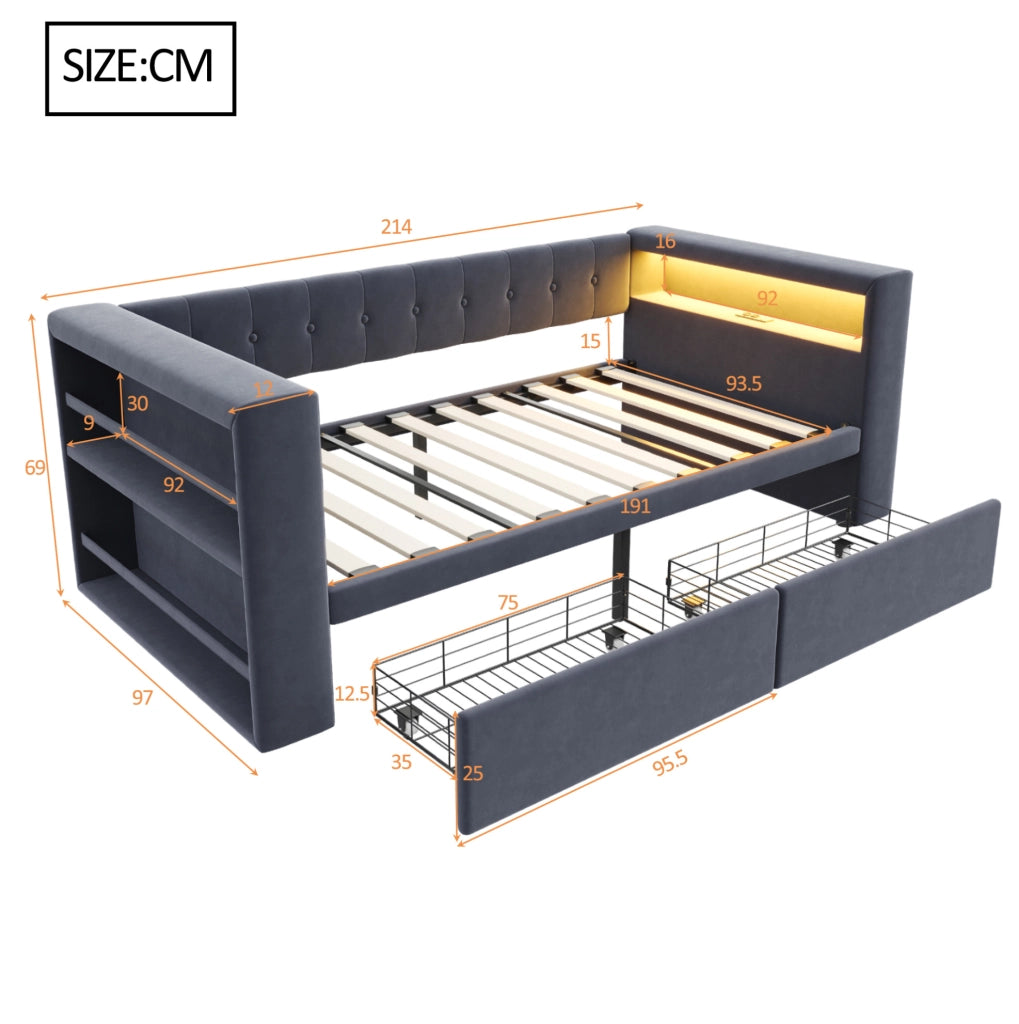 Divano letto multifunzionale 90x190 cm con LED; prese e contenitore; grigio scuro