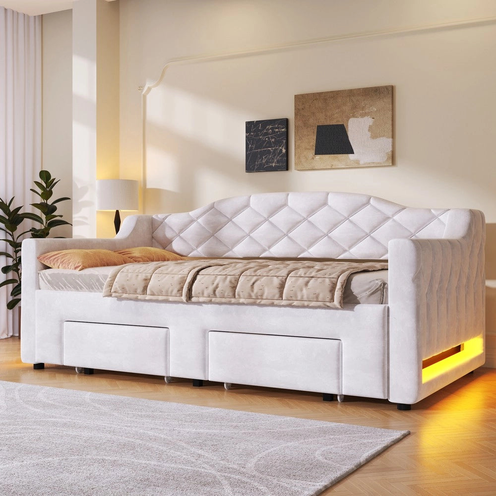 Letto Imbottito con Cassetti e LED ¨C Xylo ¨C Bianco, 90x200/180x200