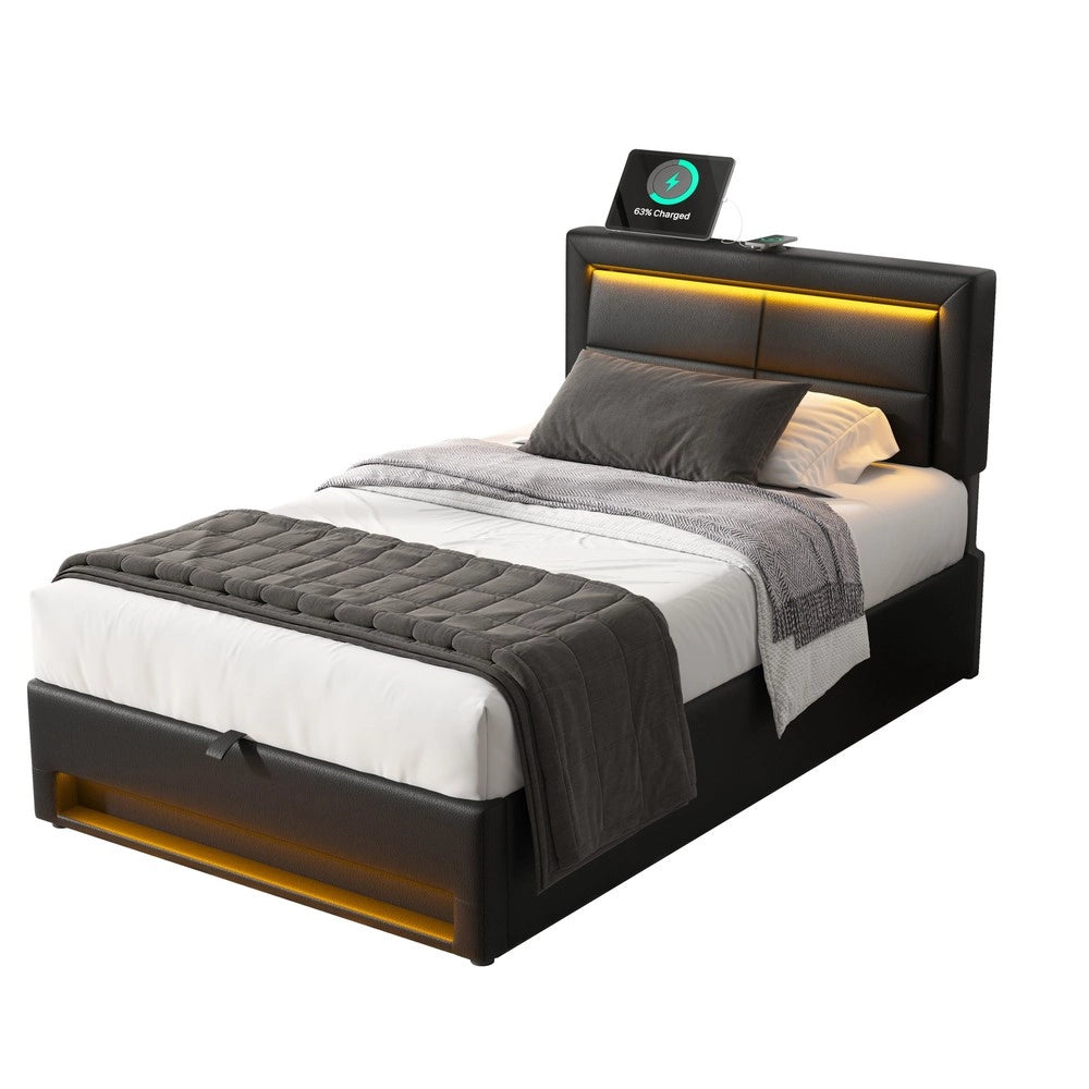 Letto Imbottito con LED e Contenitore ¨C MINIMAL ¨C 90x200, USB, Similpelle Nero