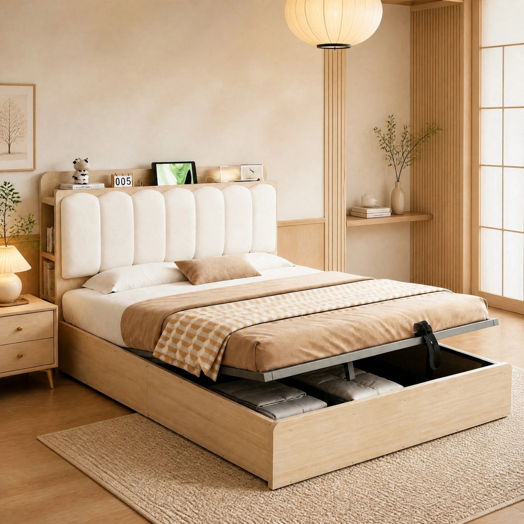 DESMIU Letto contenitore 140 × 200 cm 2 posti con USB, luce e vani, senza materasso, legno naturale