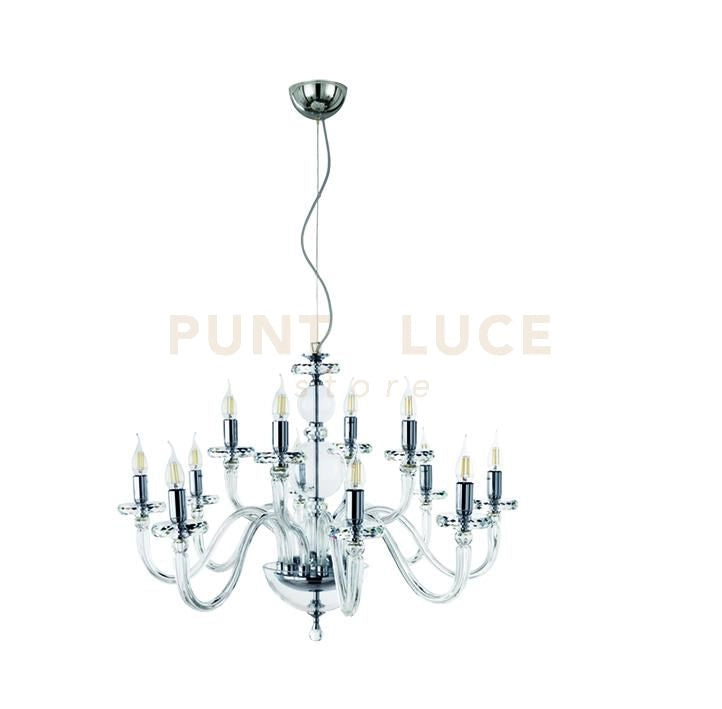 LAMPADARIO BACH 12 LUCI CRISTALLO E FINITURA CROMO ATTACCO E14