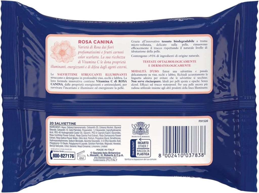 ACQUA ALLE ROSE SALVIETTINE STRUCCANTI ILLUMINANTI PER PELLI SPENTE E VITAMINA C DI ROSA CANINA VISO OCCHI E LABBRA 20 PZ