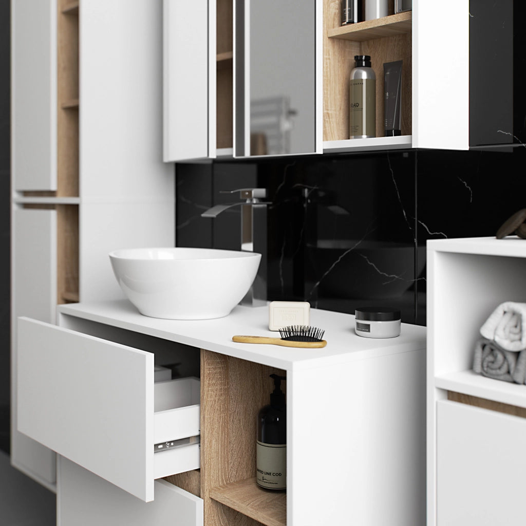 Set di mobili da bagno sospesi VAMI in Bianco con interno Quercia Sonoma con fori per lavabo da appoggio