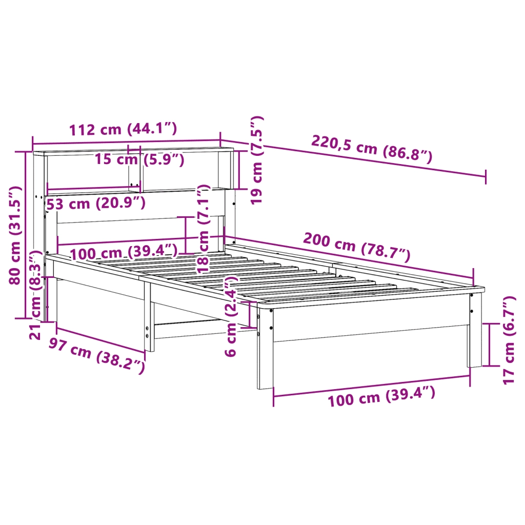 Letto Libreria senza Materasso-Struttura Letto con contenitore Marrone Cera 100x200 cm in Pino 958714