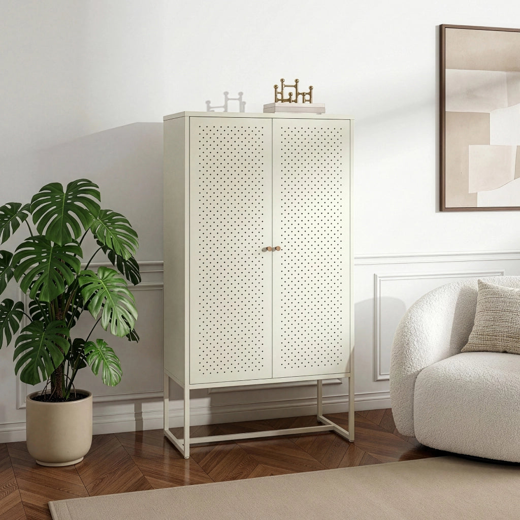 Mobile Contenitore Viitasaari Credenza Alta a 2 Ante e Ripiani 150 x 80 x 40 cm - Bianco Crema [en.casa]