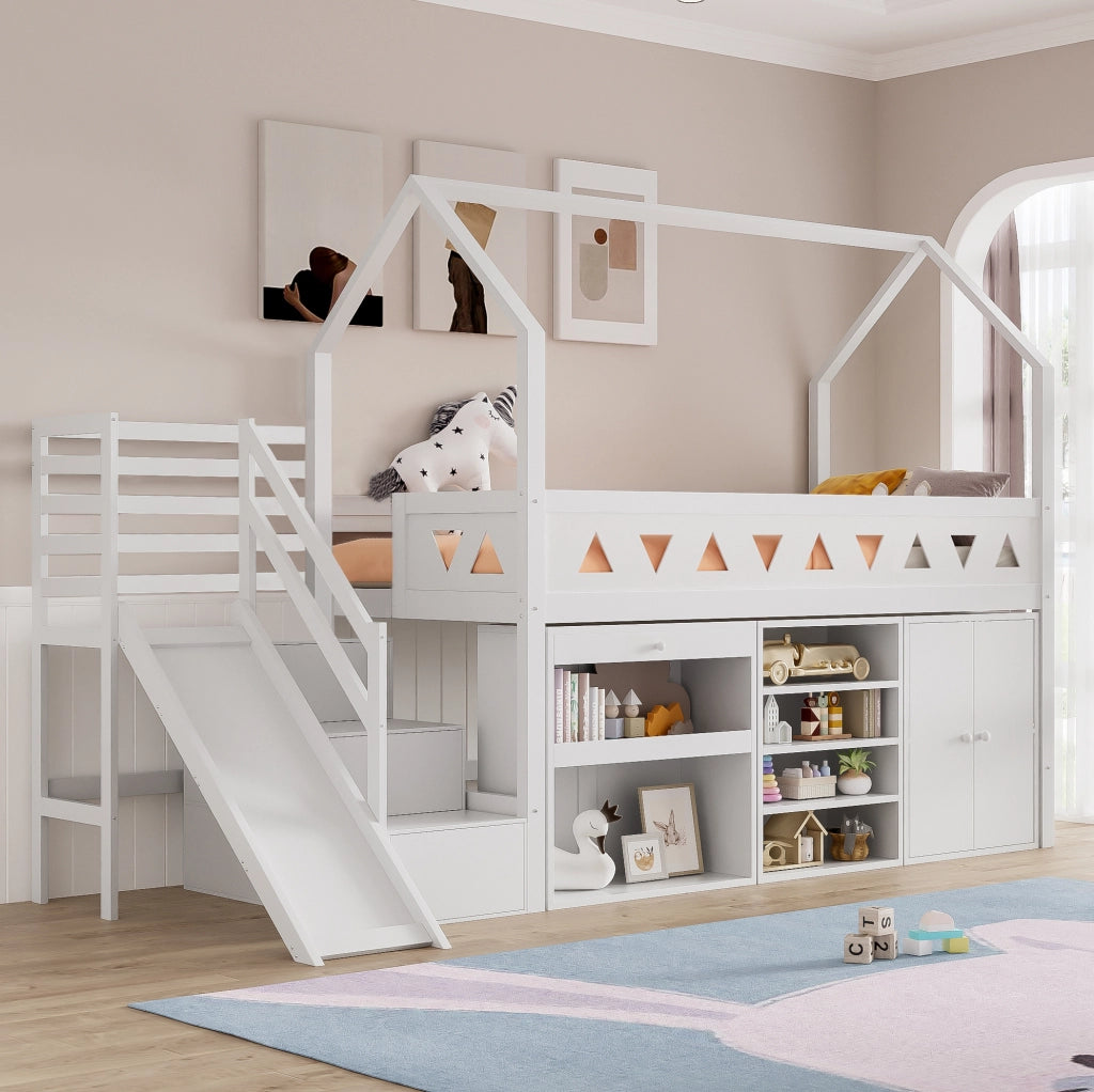 Letto per bambini multifunzionale con scivolo, scale e contenitori 90x200 cm