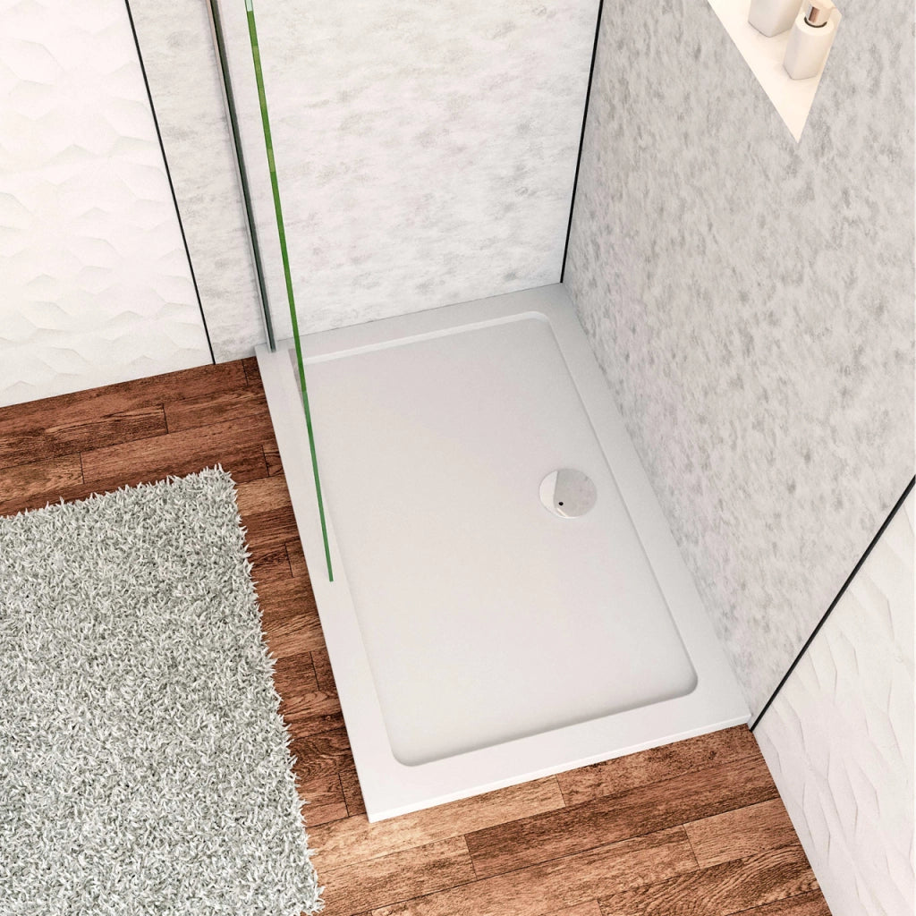 Piatto Doccia 100x70cm Bianco Spessore di 3 cm in Pietra Artificiale e Resina Minerale Mista Piletta Extra Piatta Sottile e Tubo inclusi