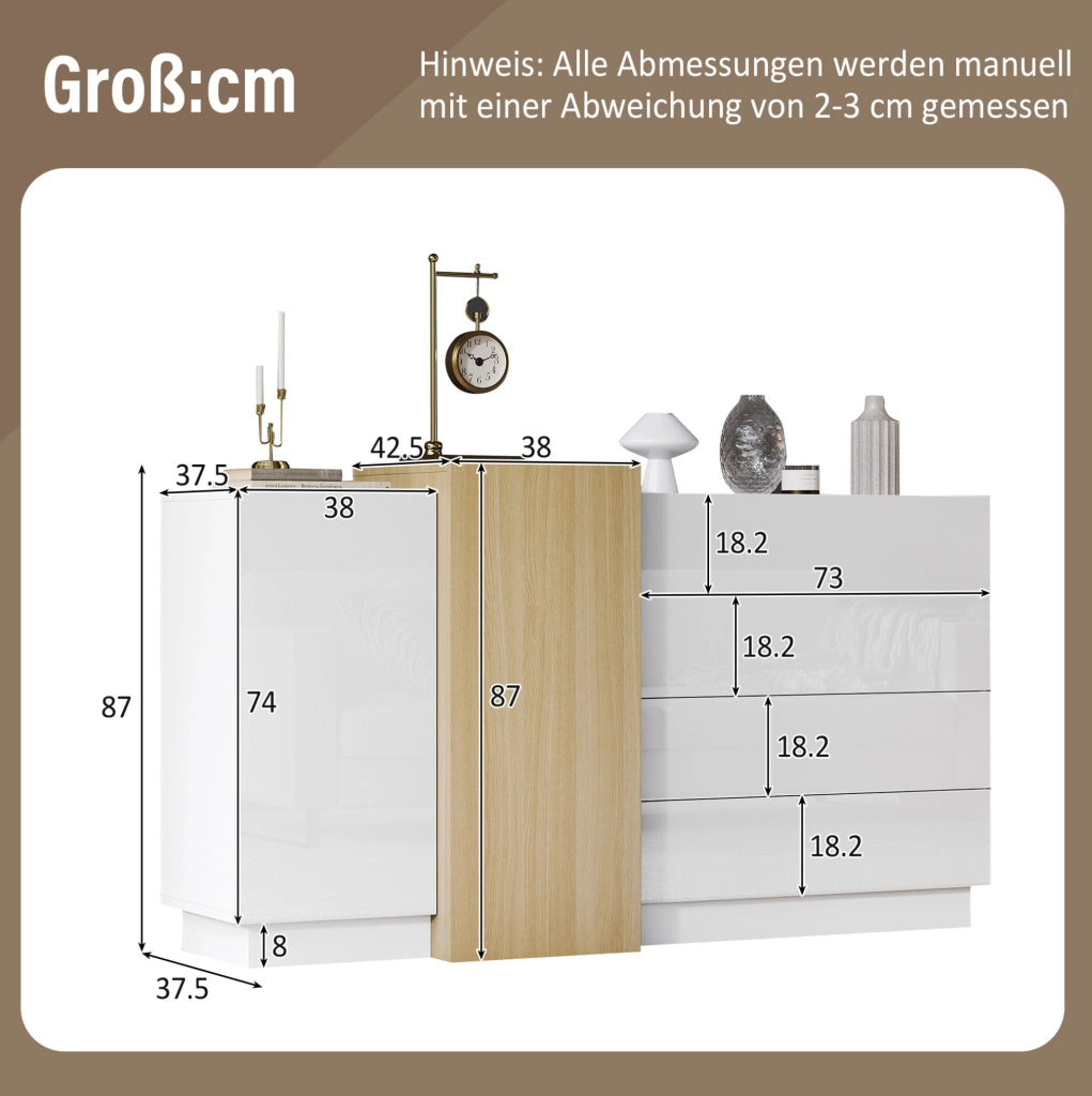 Credenza moderna bianca lucida in MDF 140 x 35 x 76;5 cm con 4 cassetti e 2 ante