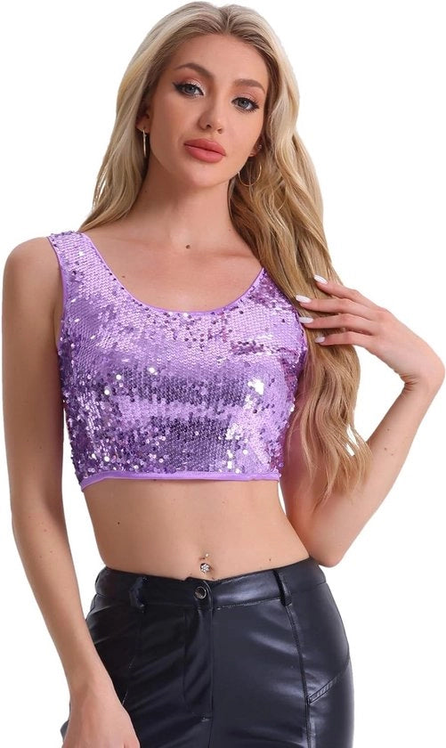 Top con pailletten a manica lunga per donna in viola, taglia M - Abito da sera per club, top senza vita con stile tank