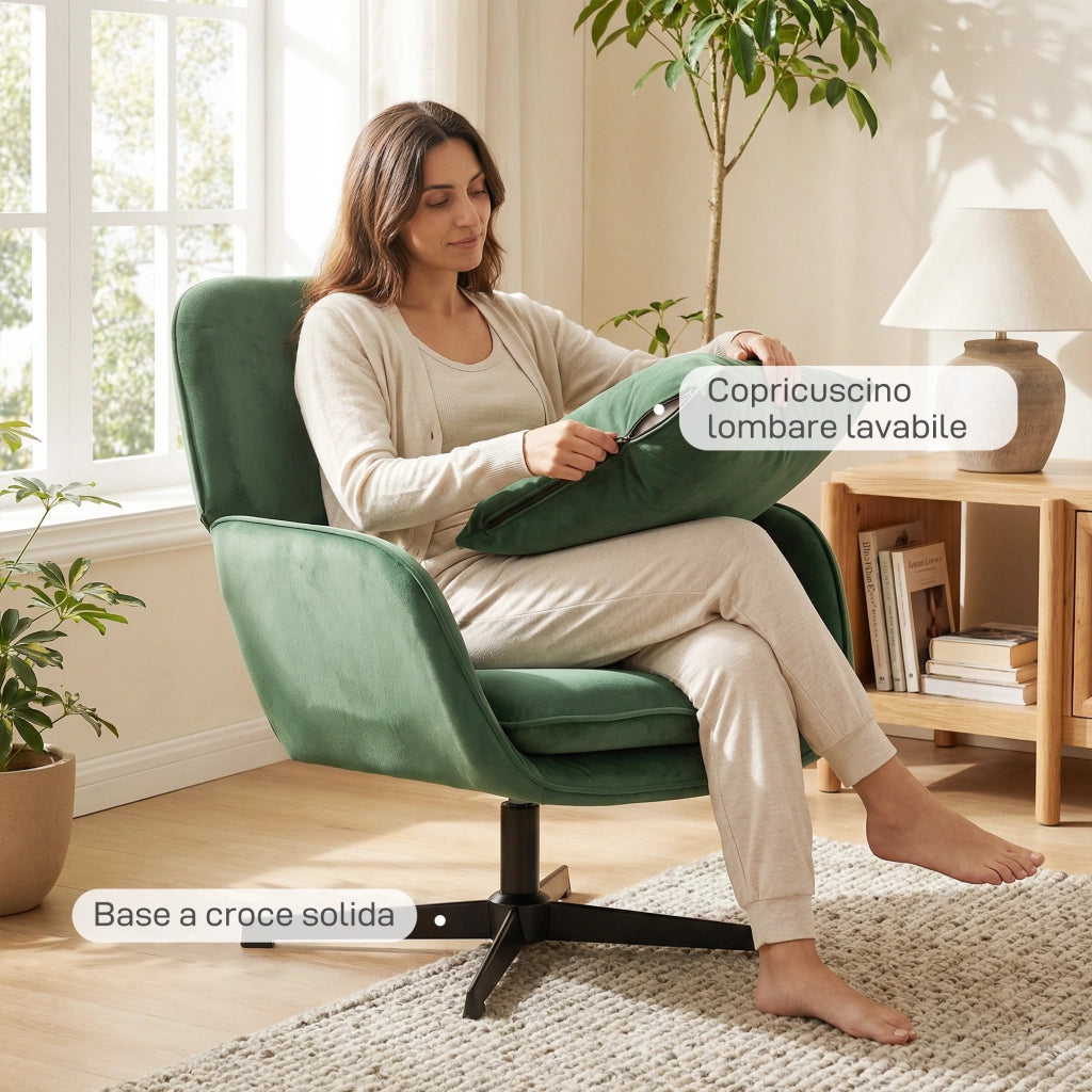 Poltrona Girevole Rivestita in Tessuto Effetto Velluto ¨C Zephmum ¨C Verde