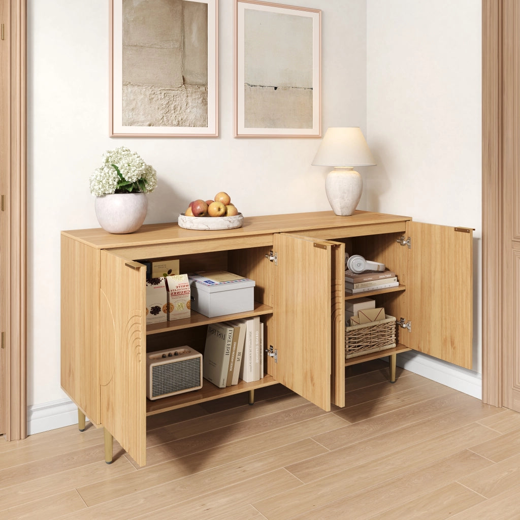 Credenza a quattro ante con ripiani regolabili in MDF naturale per soggiorno gambe in metallo dorato 140 × 40 × 72 cm