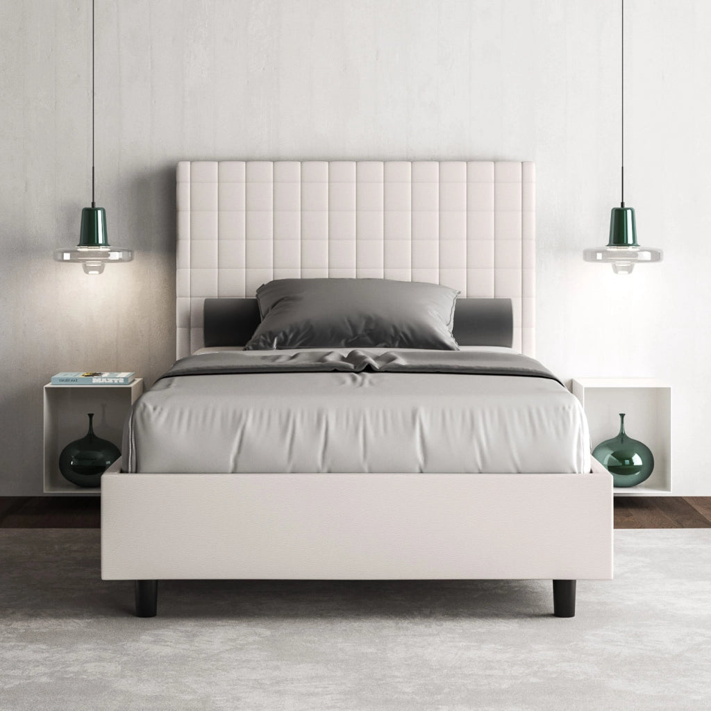BS COM Letto singolo con rete imbottito 100x190 similpelle bianco