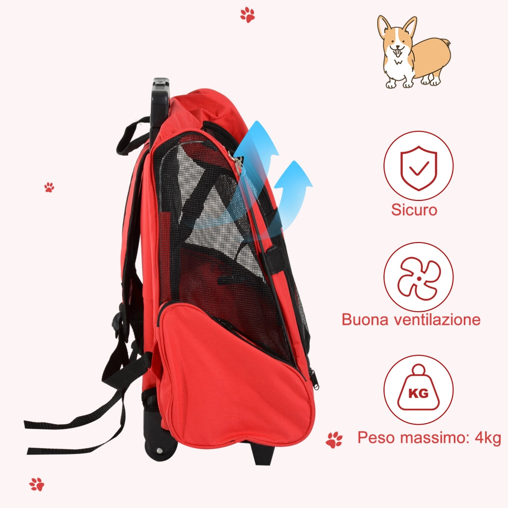 Trasportino Zaino 2 in 1 per Cani e Gatti con Tasche Laterali, Maniglia Telescopica e Ruote, 42x25x55cm, Rosso