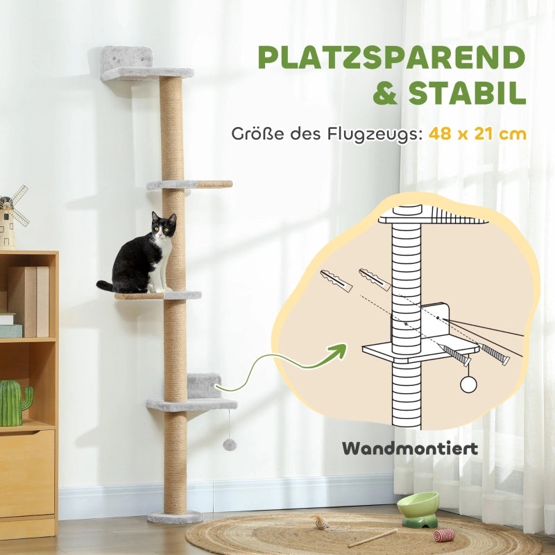 Tiragraffi per gatti, design a 5 livelli, giocattolo, pali in sisal, tessuto felpato, grigio chiaro
