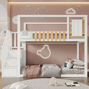 Letto a castello con scala e finestra - Zephmum- 90x200cm bianco, scaffali e cassetti