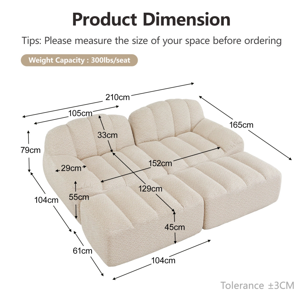 Divano modulare 2 posti con pouf e schienale ergonomico in fleece granulare beige