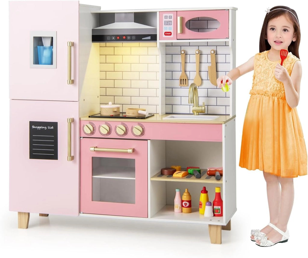Cucina Giocattolo con Cappa e Fornelli a Suoni e Luci, Cucina per Bambini in Legno con Fabbricatore di Ghiaccio, Microonde, Griglia BBQ e Lavagna, Set Cucina con Accessori, per Bambini 3+ Anni