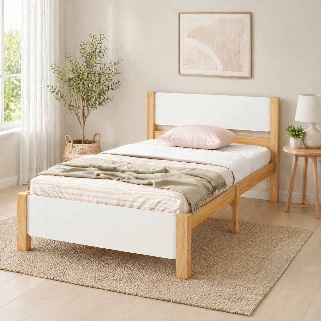 LETTO Singolo 90x200 cm in Legno e MDF Bianco e Naturale