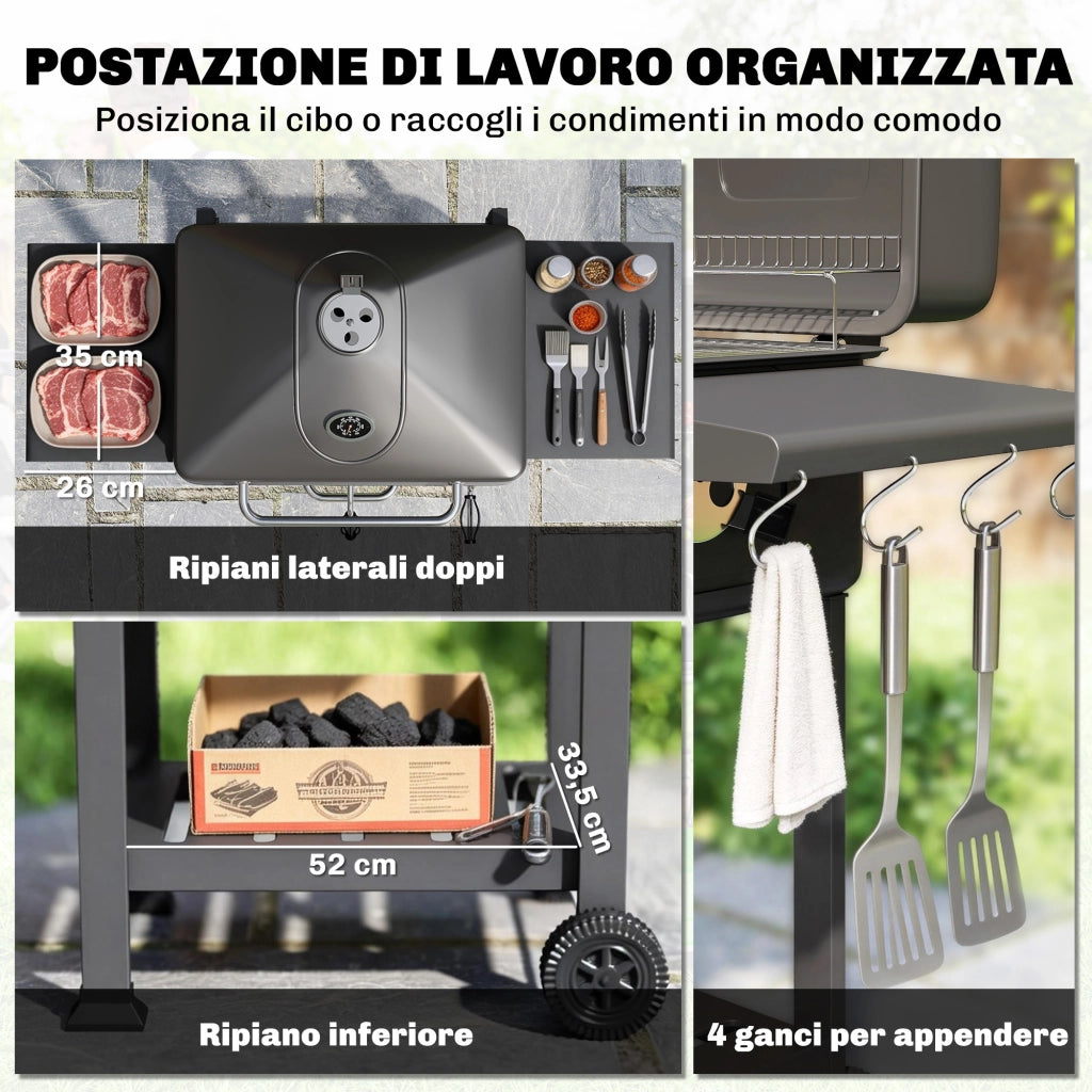 Barbecue a Carbone Affumicatore Portatile ¨C Zephmum ¨C Nero con Ventilazione Termometro Mensole