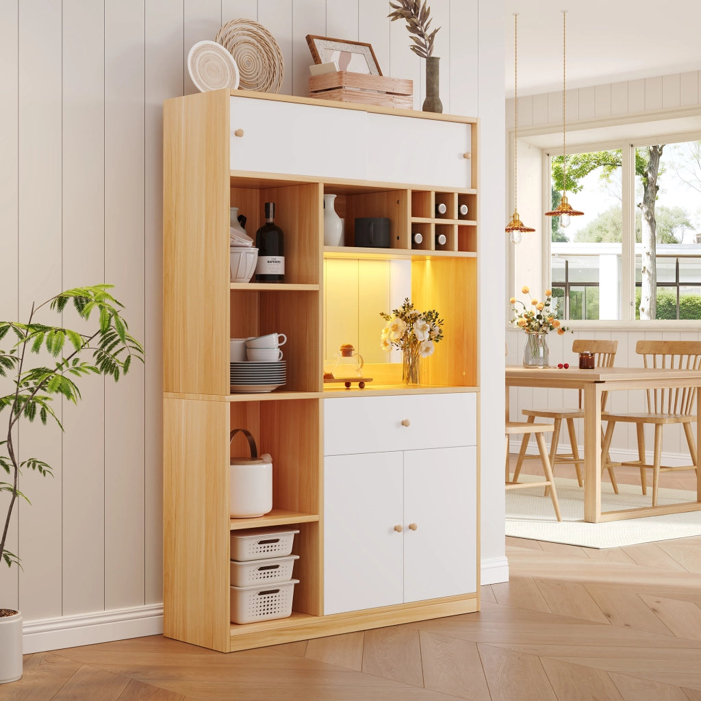 Credenza da Cucina Alta con 3 Ante; 1 Cassetto; Ripiani Aperti e LED per Cucina in Pannelli; Bianco Naturale 115x35x180 cm