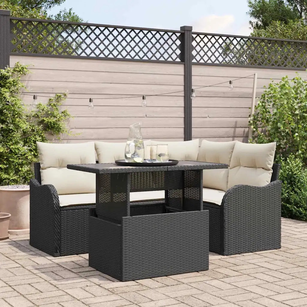 Set da pranzo per esterni con cuscino 5 pcs Nero Poly Rattan 3348453