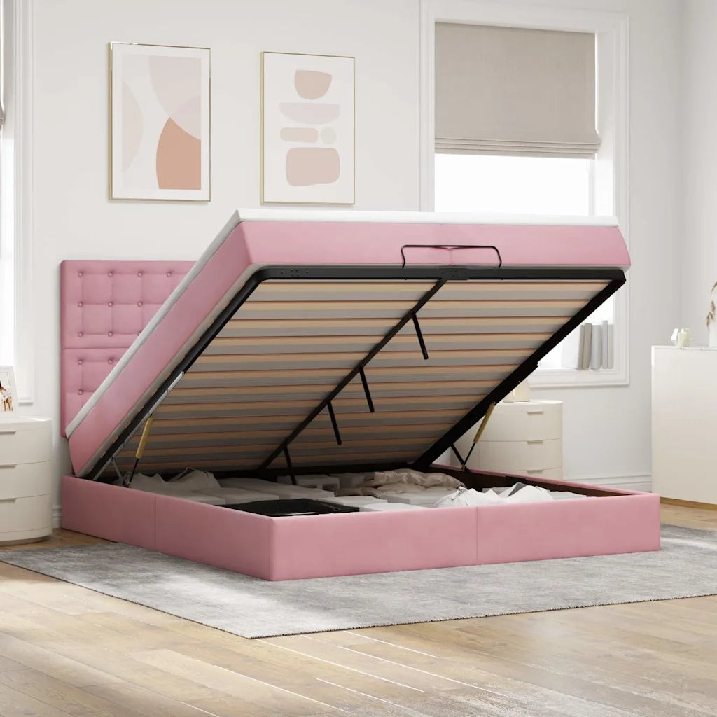 Struttura Letto Pouf con Materassi Rosa 200x200 cm Velluto 3313642
