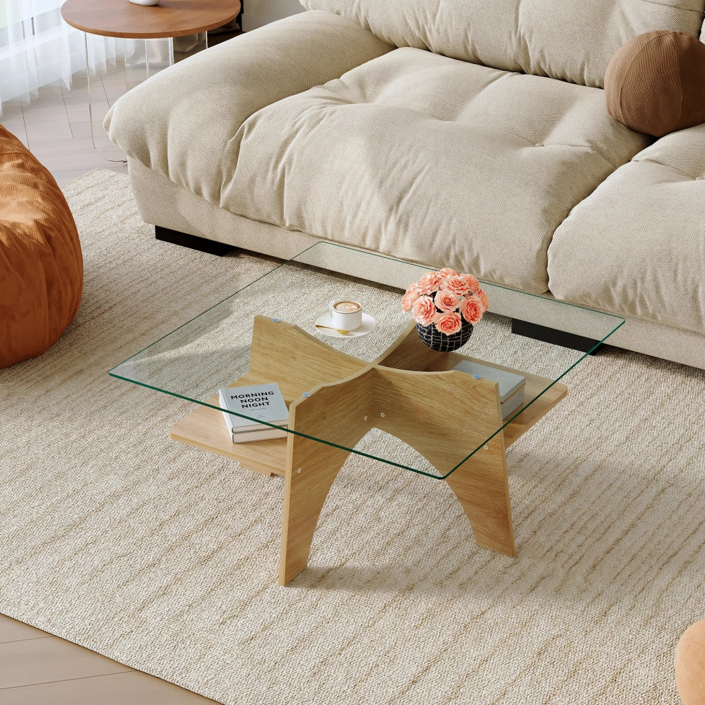 Tavolino quadrato moderno in vetro di sicurezza con struttura in MDF effetto legno chiaro, 80x80 cm, altezza 40 cm
