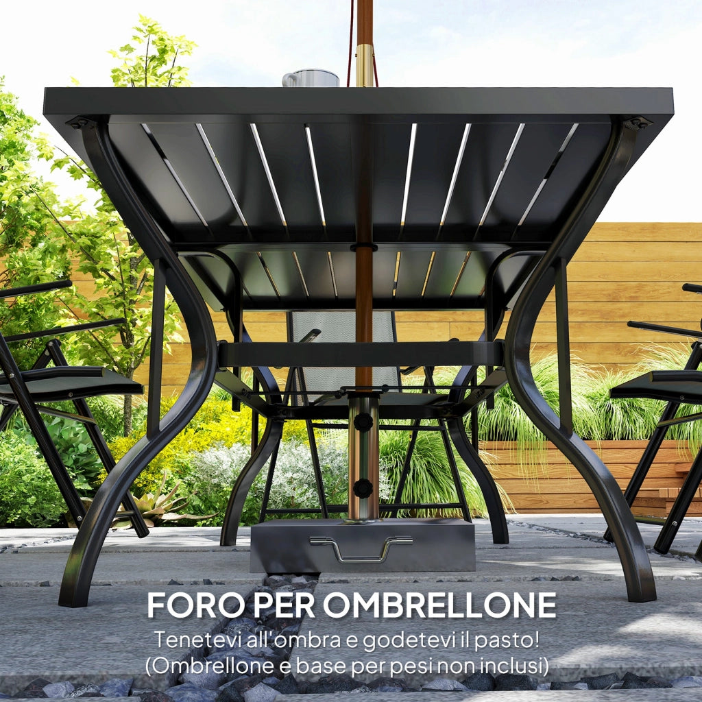 Set Salotto da Giardino 7 Pezzi con Tavolo da Pranzo con Foro per Ombrellone e 6 Sedie Pieghevoli Grigio