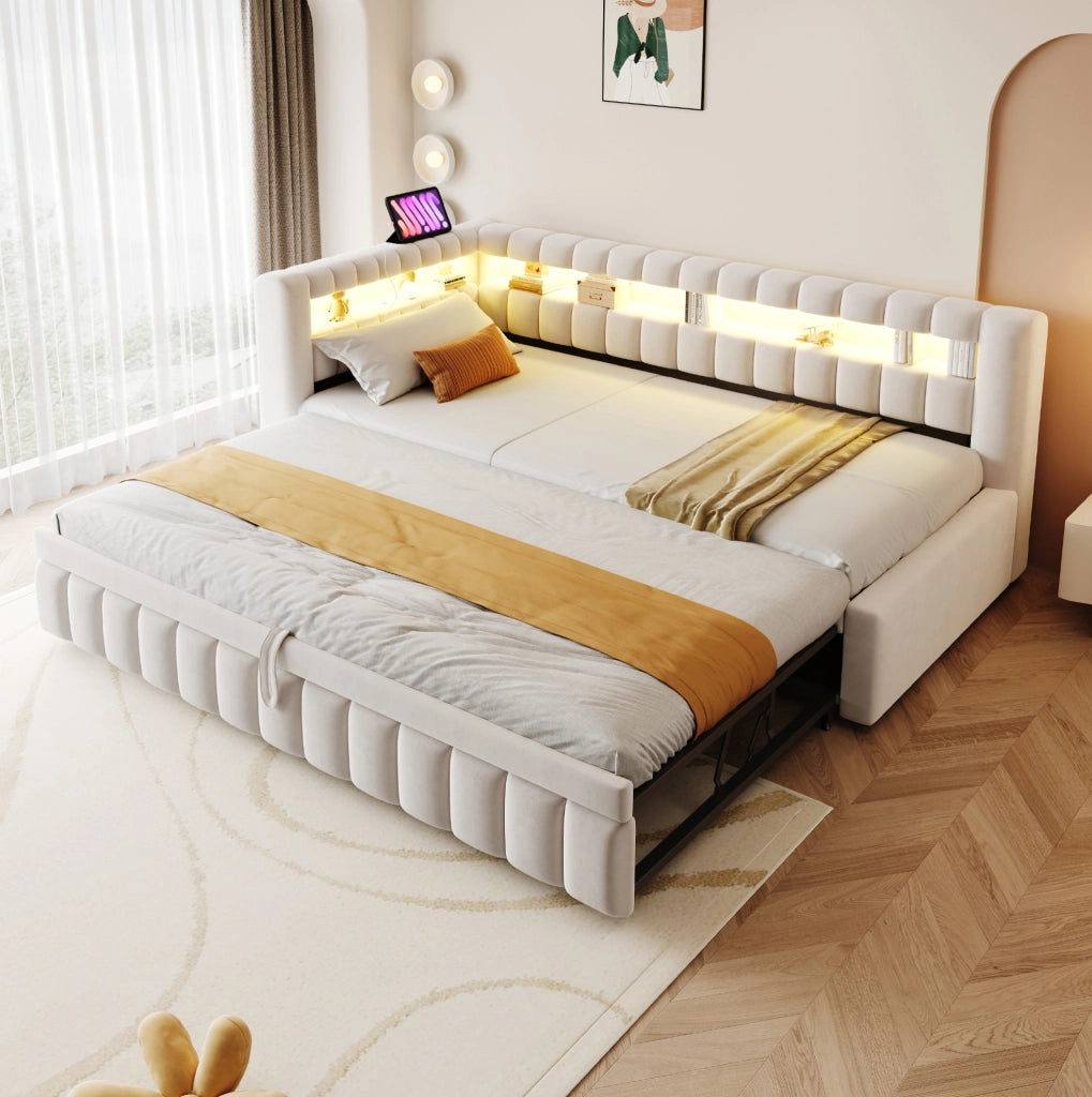 Divano letto estraibile imbottito 90x200 cm con LED; USB e Type-C; velluto beige