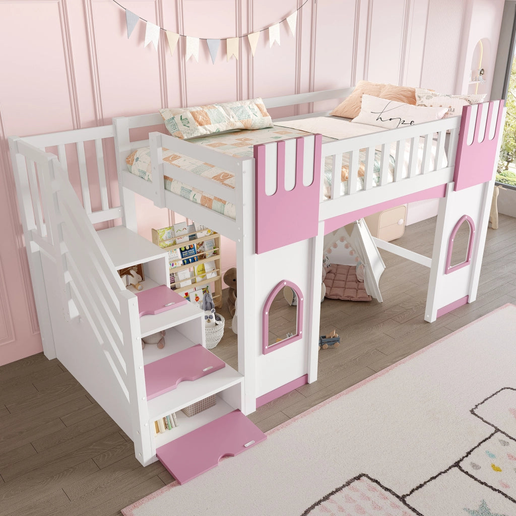 LETTO A SOPPALCO con scala contenitore e finestre 90x200 cm bianco e rosa