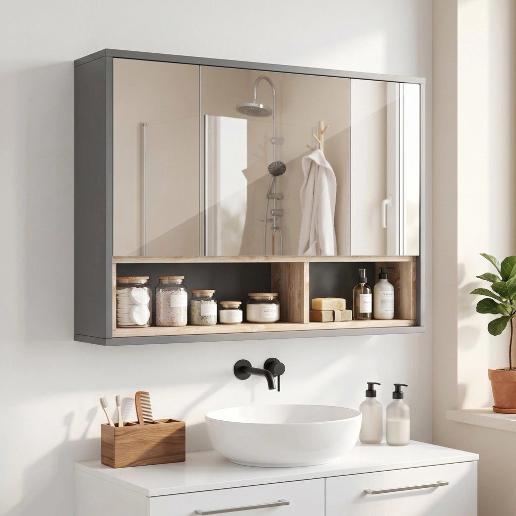 Mobile bagno sospeso con specchio ¨C Xylo ¨C 3 ante 8 ripiani grigio