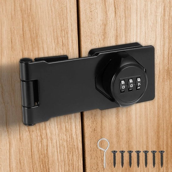 Blocco a sbarre per porta armadio, nero, zinghera per porta armadio, blocco pesante per porta armadio, blocco notturno con codice numerico per porta scorrevole, armadio esterno, armadio per giardino (4 pollici)