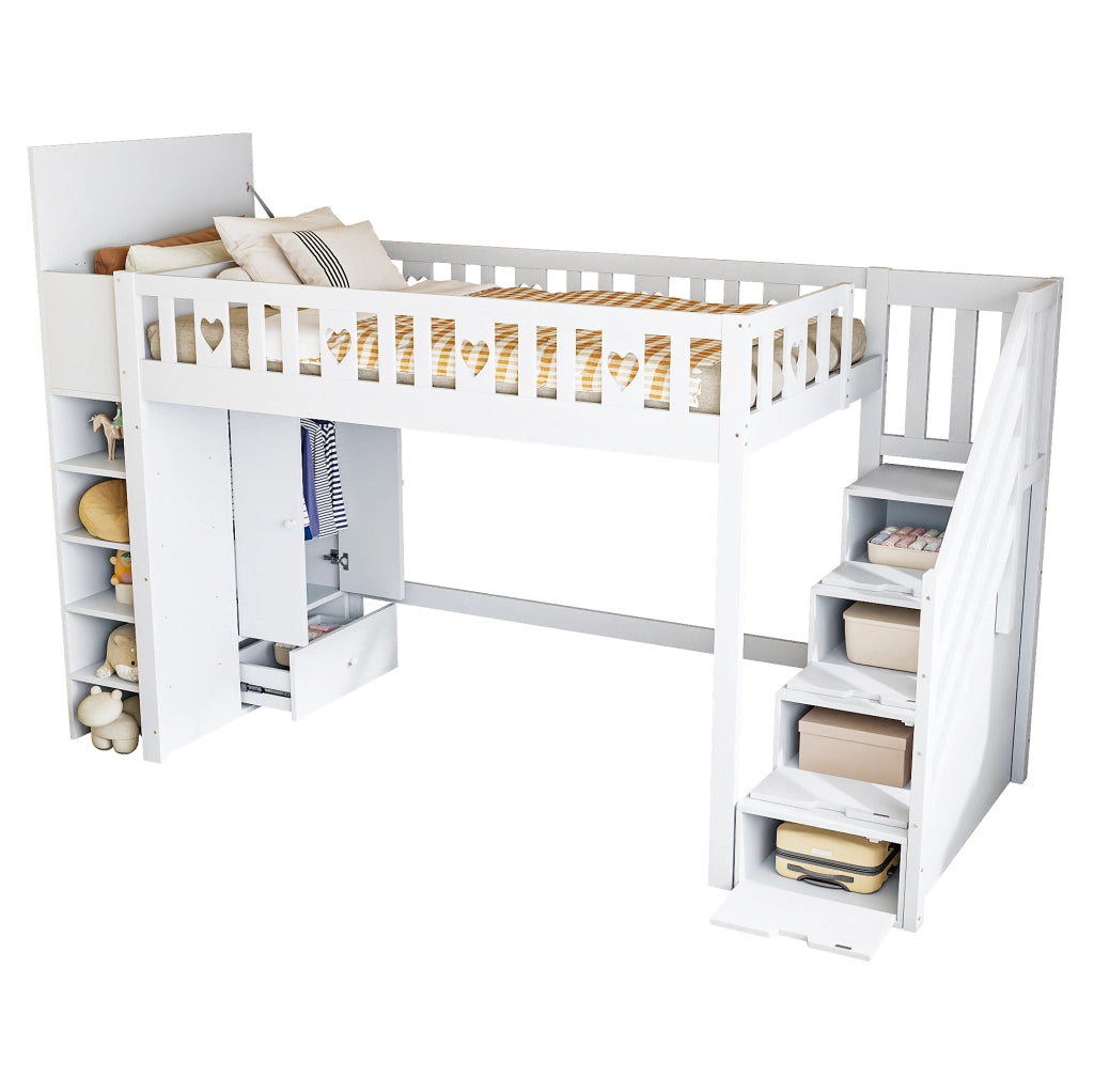 Letto a soppalco 90x200 cm con scala contenitore e vani portaoggetti, bianco