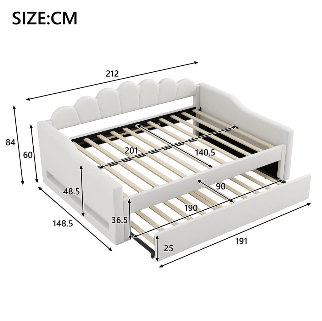 Divano letto imbottito 140x200 cm con LED e letto estraibile; beige