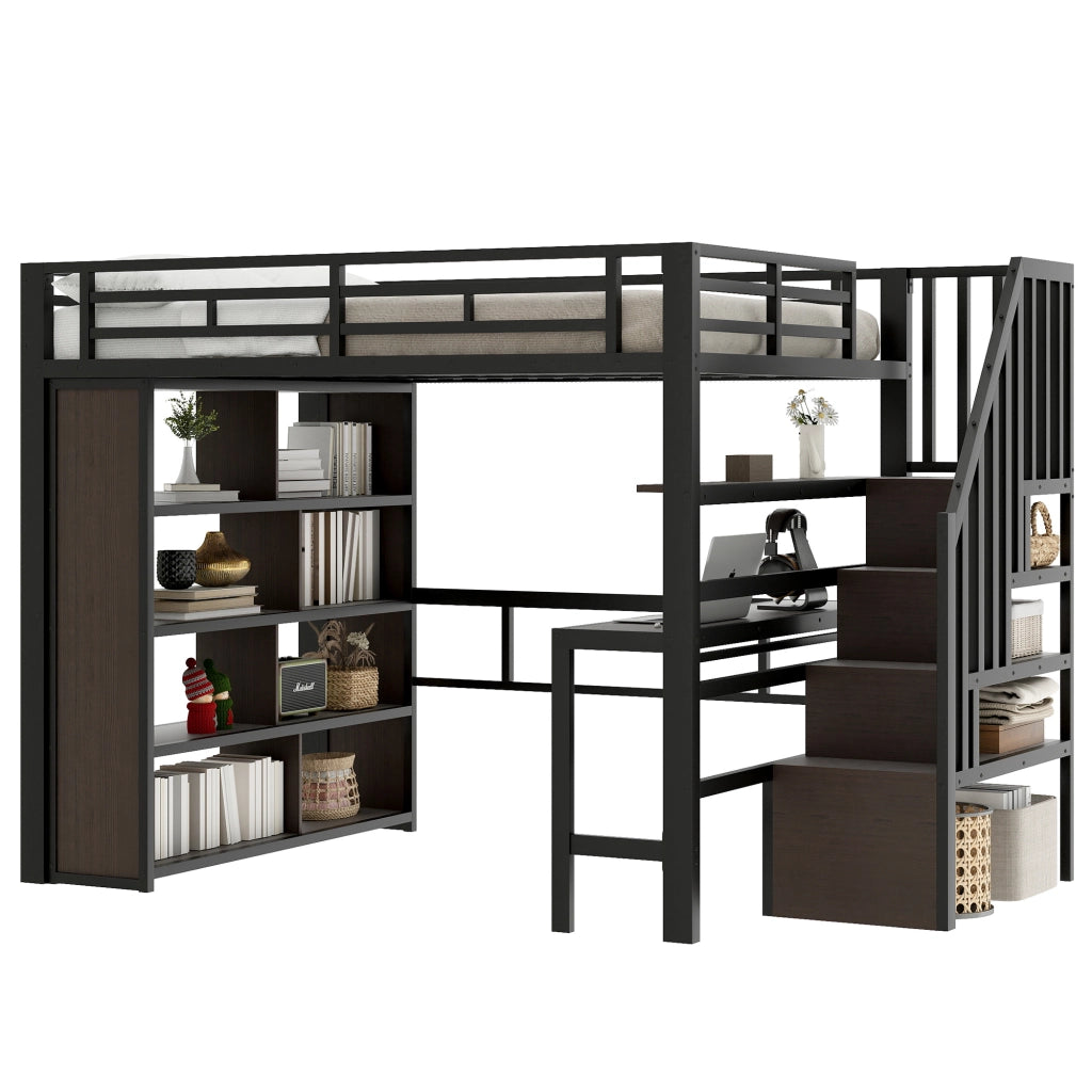 OKWISH Letto a soppalco 140×200 cm, Letto Matrimoniale con Scrivania, Mensole, LED Regolabile e Scale con Contenitore, senza Materasso, Nero