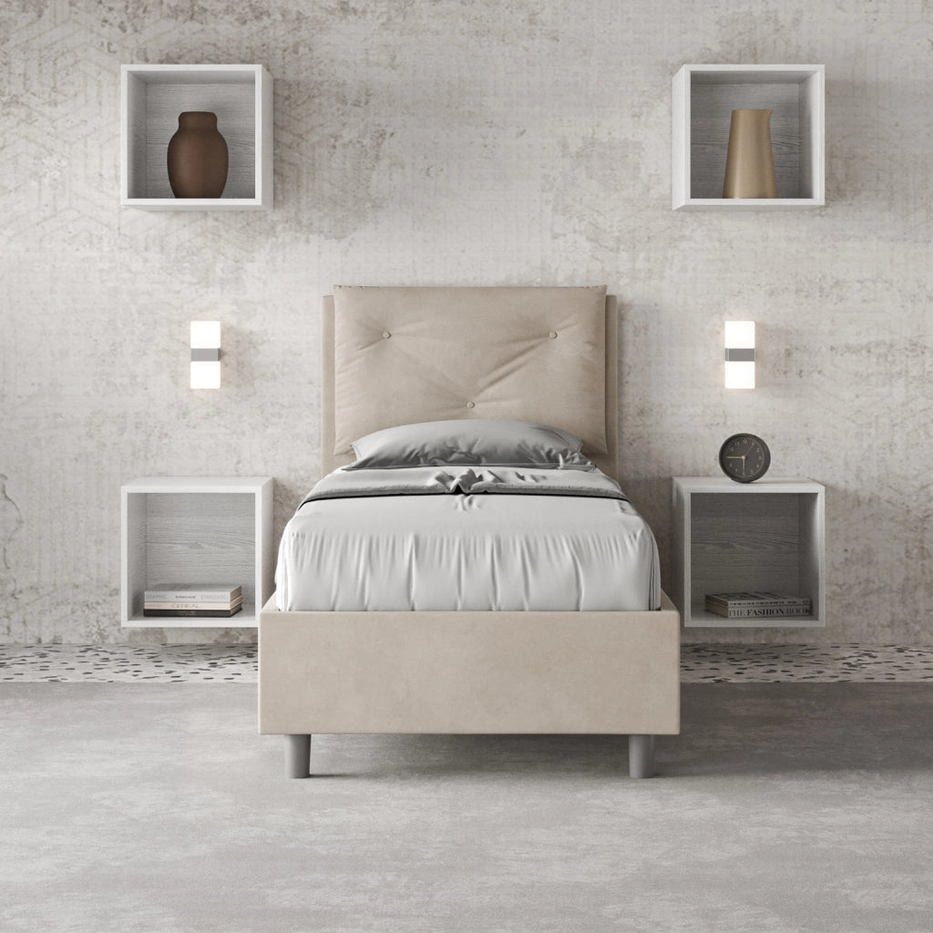 BS COM Letto singolo contenitore imbottito 80x200 microfibra sabbia