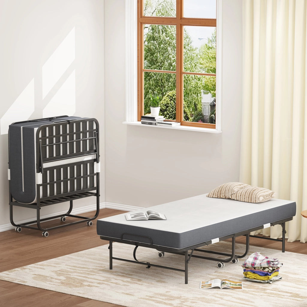Letto pieghevole con ruote in metallo nero