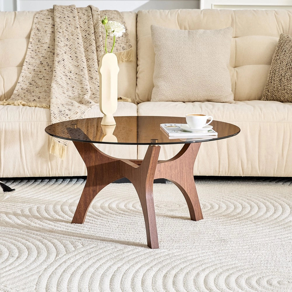 Tavolino da Caff¨¨ Rotondo ¨C MINIMAL ¨C Piano in Vetro Ambra, Struttura in Legno Marrone, 80cm